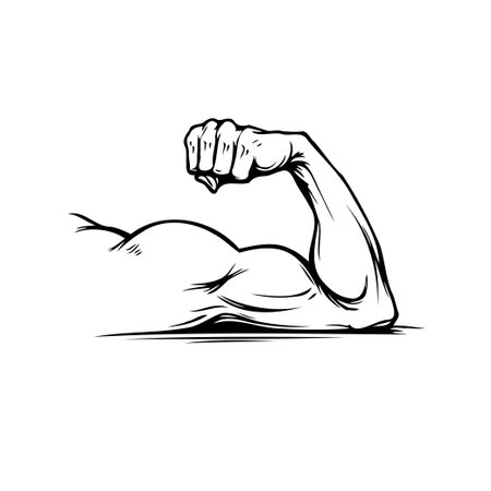 A bold illustration presents a flexed bicep and clenched fist, symbolizing raw strength. The artwork vividly conveys the essence of fitness, muscular anatomy, and physical prowess, rendered in blackのイラスト素材