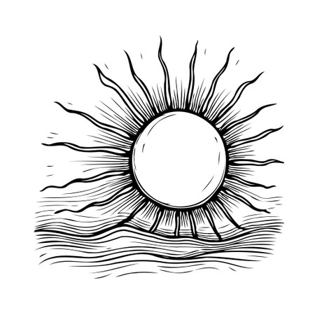 A monochrome artistic depiction captures the stylized sun rising above the water. Hand drawn aesthetic offers a simple yet profound composition, conveying tranquility and the promise of a new day.のイラスト素材