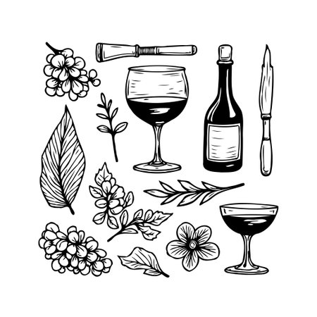 A stylish monochrome hand-drawn illustration featuring a wine bottle a glass flowers leaves and accessories suitable for decoration design projects and artistic compositions evoking elegance and aのイラスト素材