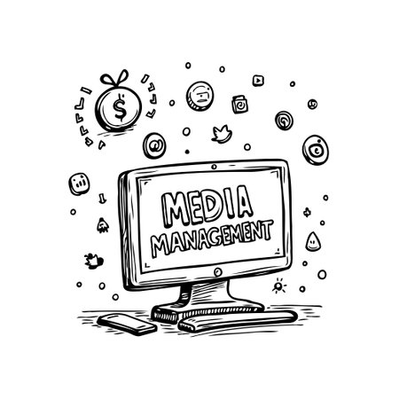 A hand-drawn sketch depicts a computer screen displaying the words 'Media Management', surrounded by various social media icons. The drawing evokes a sense of digital marketing strategy and onlineのイラスト素材