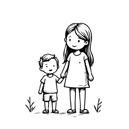 A tender hand-drawn illustration portraying the sweet bond between siblings. A sister and brother hold hands, symbolizing love, support, and the innocence of childhood. Perfect for illustratingのイラスト素材