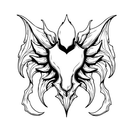 This artwork presents a striking symmetrical design, featuring fluid organic shapes juxtaposed with sharp, defined lines. The monochromatic palette enhances the intricate details, creating aのイラスト素材