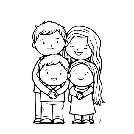 This delightful illustration captures the essence of a happy and loving family, showcasing the beauty of togetherness and affectionate bonds. The simple monochrome drawing exudes warmth, portrayingのイラスト素材