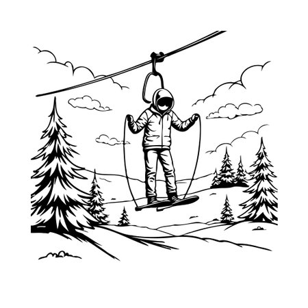 A snowboarder rides a ski lift through a winter landscape, enjoying the snowy alpine scenery. This monochrome image captures the quiet thrill of winter travel and outdoor exploration with theのイラスト素材