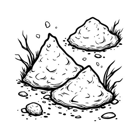 A monochrome illustration depicts three conical mounds surrounded by small pebbles and scattered tufts of vegetation. The grainy texture and sketchy lines create a natural and organic feel, idealのイラスト素材