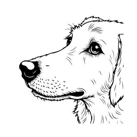 A meticulously crafted illustration features a golden retriever in crisp black and white line art. The profile highlights the dog's distinctive features, emphasizing its noble bearing andのイラスト素材