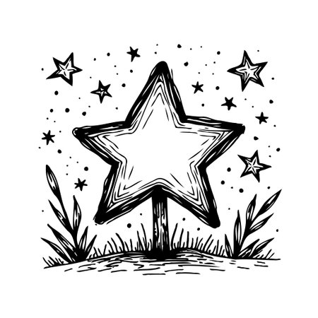 An intricate hand-drawn illustration captures a celestial scene with a prominent star, delicate botanical elements, creating a whimsical and celebratory ambience that conveys wonder and joy. Thisのイラスト素材