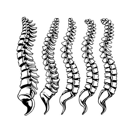 Detailed illustration showcasing different spinal column shapes and vertebral alignments. Ideal for educational materials, medical publications, or chiropractic resources. Demonstrates anatomicalのイラスト素材
