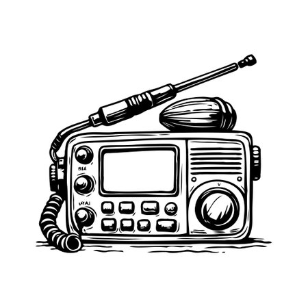 A black and white sketch showcases a classic radio transmitter, complete with antenna, evoking nostalgia for vintage communication technology. This detailed illustration captures the essence ofのイラスト素材