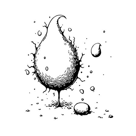Unique abstract linework showcases a droplet with spiky tendrils, paired with floating organic shapes. Rendered in an ink-style, the monochromatic artwork captures a whimsical and bizarre aestheticのイラスト素材