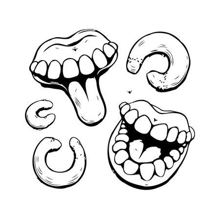 A playful yet peculiar artwork featuring various distorted mouth shapes with prominent teeth. Rendered in a crisp black-and-white style, it evokes a lighthearted and slightly unsettling feeling,のイラスト素材