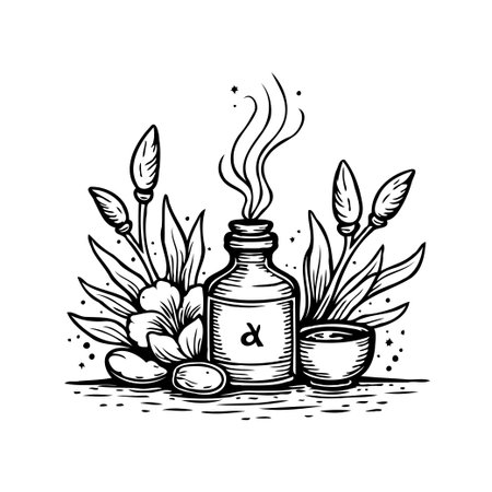 An elegant monochrome illustration showcases an aromatherapy essence bottle emitting steam, surrounded by various botanicals. This artwork represents wellness and relaxation, making it suitable forのイラスト素材