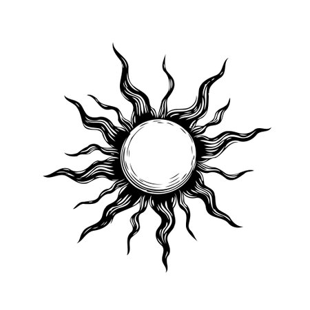 A stylized engraving of the sun with dynamic rays. The circular shape and radiant lines suggest power and warmth, suitable for designs related to astrology, spirituality, vintage aesthetics, or as aのイラスト素材