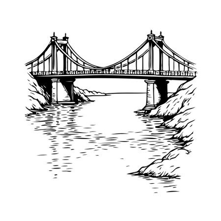 An architectural marvel, this illustration showcases a detailed suspension bridge gracefully...