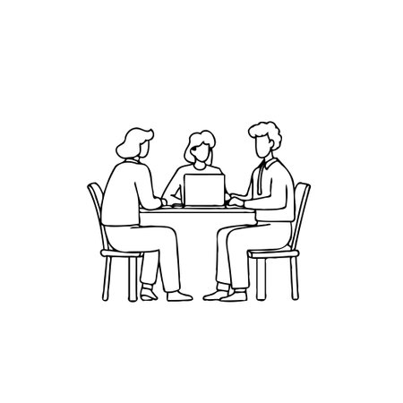 This minimal line art illustration portrays a focused collaborative business meeting. Three individuals are seated around a table, actively engaged in discussion and utilizing a laptop to brainstormのイラスト素材