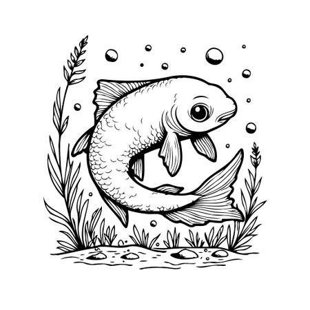A monochrome illustration showcases a stylized goldfish swimming within its aquatic realm. Bubbles rise around it as the fish navigates through swaying aquatic plants. The fine, detailed linesのイラスト素材