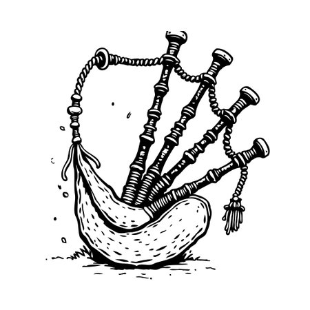 An elaborate illustration of Scottish bagpipes, presented in black and white, capturing the instrument's unique design and cultural heritage. The detailed line work brings out the bagpipe's form,のイラスト素材