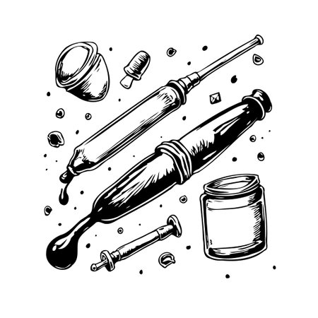 Intricate ink drawing showcasing antique medical tools like syringes and droppers. The monochrome illustration evokes a sense of historical medical practices, displaying instruments of healing in aのイラスト素材