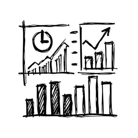 An illustration of hand-drawn business graphs and charts depicting upward trends and progress, highlighting key concepts like data analysis, financial growth, strategic planning, and projectのイラスト素材