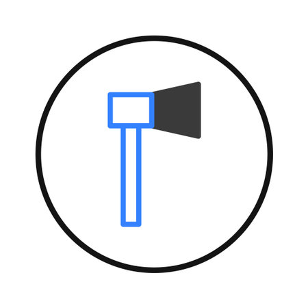 A stylized and minimalist illustration of an axe, contained within a circular frame, rendered with clean lines and a modern aesthetic. The use of bold colors highlights the design, creating anのイラスト素材