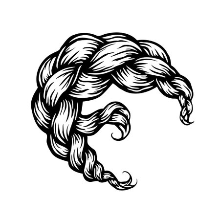 A meticulously crafted hand-drawn braid hairstyle illustration, showcasing intricate details and flowing lines. The monochrome artwork evokes a sense of timeless elegance and feminine charm, perfectのイラスト素材
