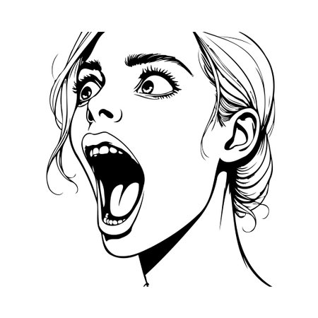 An expressive black and white illustration captures a woman's face in a moment of intense shock, her wide eyes and open mouth conveying surprise and emotion. The stark lines create a dramatic andのイラスト素材