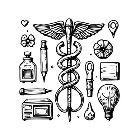 A unique hand-drawn illustration capturing the essence of healthcare and well-being with medical symbols and treatment icons; this artwork serves as a comprehensive representation of medicine andのイラスト素材