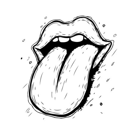 Striking artwork showcasing an open mouth with a prominent, extended tongue. This expressive illustration is rendered in a bold black and white style, creating a visually engaging and edgy aestheticのイラスト素材