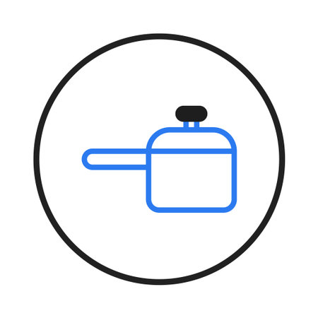 A simplistic graphic illustration displays a saucepan highlighted in blue lines with black detailing, encased within a solid black circle. The design is clean, suitable for kitchenware branding,のイラスト素材