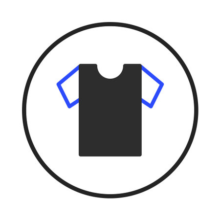 A simple and clean illustration featuring a black t-shirt with blue sleeves. The design is enclosed within a black circular frame, offering a minimalist and modern representation of apparel suitableのイラスト素材