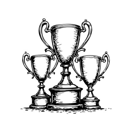 A hand-drawn illustration presents a collection of three trophies, each distinctly designed. The central trophy dominates the composition, flanked by two smaller cups, representing various levels ofのイラスト素材
