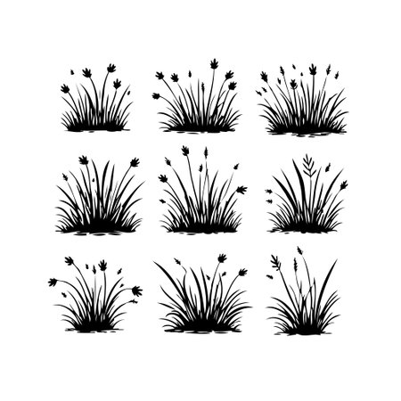 This captivating collection of black grass and plant silhouettes on a white background offers a versatile resource for various design projects. The minimalist composition evokes a sense of naturalのイラスト素材