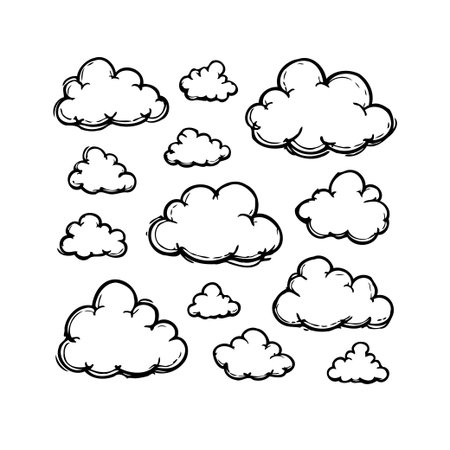 An assembly of hand-drawn cloud illustrations, bringing a whimsical and ethereal touch to design projects. These diverse cloud shapes evoke the serenity of the sky, offering versatile components forのイラスト素材