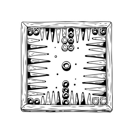 Detailed monochrome illustration of a backgammon board featuring intricate triangular patterns. Evokes a sense of classic strategy and recreational enjoyment. Captures the essence of a traditionalのイラスト素材