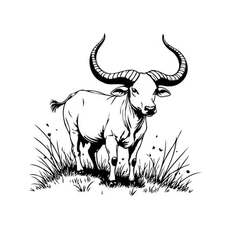 A striking black and white illustration showcases a powerful bull standing amongst tall grasses. The artwork captures the majestic nature of the animal with detailed lines and dynamic shading,のイラスト素材