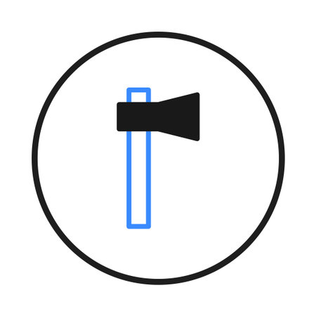 A simplistic illustration showcases an axe with a black blade and a blue handle. The axe is centered...