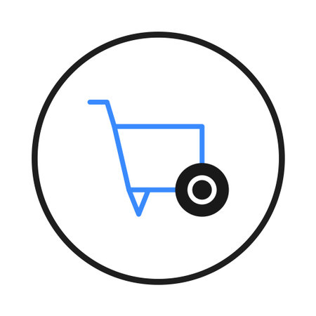 A minimalist style icon featuring a shopping cart in blue outline, encircled within a black frame, signifying online commerce, retail transactions, and consumer purchasing power in the digitalのイラスト素材