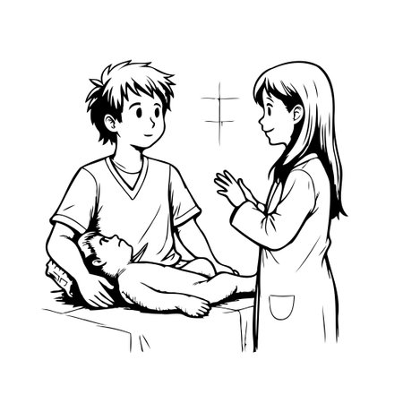A black and white line art illustration depicting a medical examination scenario. A young child lays on an examination table, observed by a caring parent, while a medical professional attends toのイラスト素材