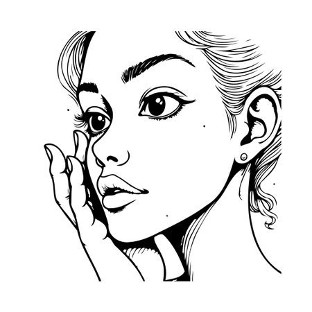 An evocative black and white line art illustration depicts a young woman's face with delicate features and a graceful expression. The image emphasizes subtle beauty with carefully rendered outlinesのイラスト素材