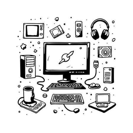 A monochromatic sketch presenting a collection of computer hardware and electronic devices. Arranged in a visually engaging composition, the outline style creates a clean, modern aesthetic, perfectのイラスト素材