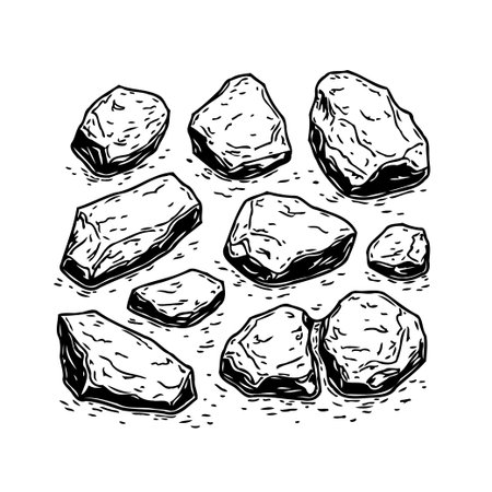 A monochrome illustration showcases an assortment of stones and pebbles arranged in an organic formation. The detailed linework captures the texture of the rocks, creating a simple yet artisticのイラスト素材