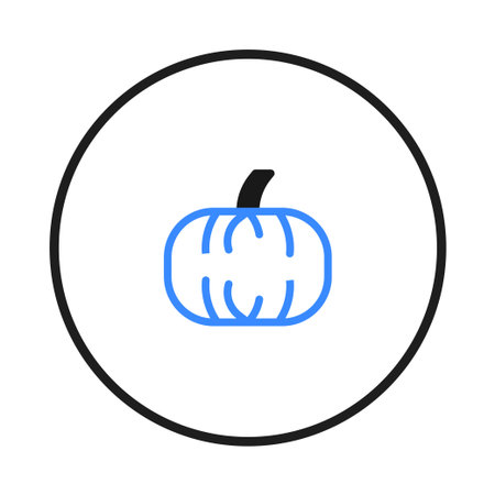 A minimalist illustration showcases a stylized pumpkin, outlined in blue, set against a white backdrop and framed by a black circle. The simple line art evokes the essence of autumn, harvest, andのイラスト素材