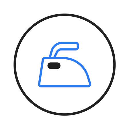 A sleek and minimal graphic illustration showcasing a stylized iron appliance icon inside a circular frame. The blue outline on a white background gives a clean and modern feel, ideal for conveyingのイラスト素材
