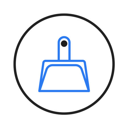 A simple and clean line drawing of a blue dustpan inside a circle, conveys the idea of household tasks, sanitization, and maintaining a space free from dust. This icon is suitable for cleaningのイラスト素材