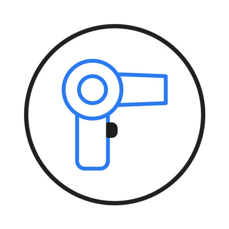 A minimalist illustration of a hairdryer encircled by a black outline, representing beauty, personal care, and styling tools. Its simplistic design is perfect for showcasing hairdryer equipment orのイラスト素材