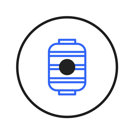 This simple geometric graphic showcases a central blue structure, defined by straight lines and a central circle, within a solid black circle. It is ideal for iconographic applications, representingのイラスト素材