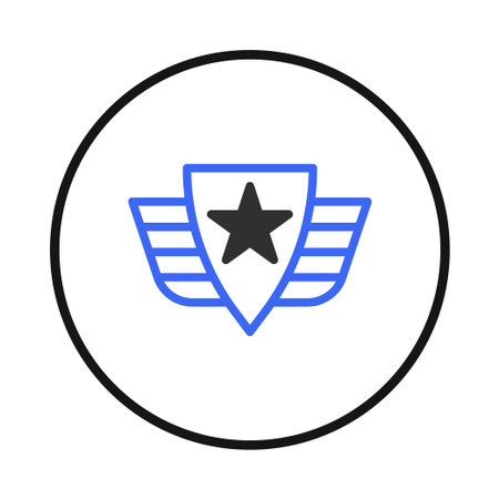 A modern graphic depicting a blue bordered shield containing a black star with stylized wings on either side, all encircled within a black frame. The emblem suggests themes of security, defense, orのイラスト素材