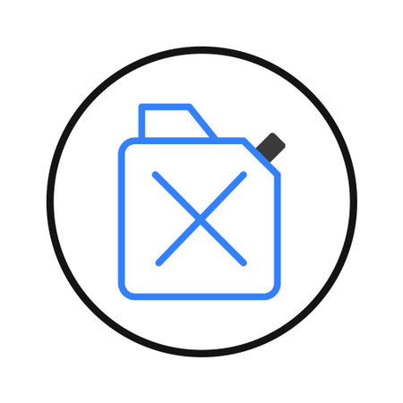 A clean and minimalist graphic illustrating a fuel container encased in a circle. The icon features bold blue lines forming a container shape with a prominent 'X' across its body symbolizing perhapsのイラスト素材