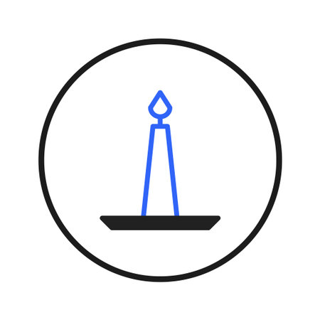 A clean and simple illustration features a blue candle with a bright flame inside a black circle. The design offers a minimalist yet evocative representation, perfect for projects needing a touch ofのイラスト素材