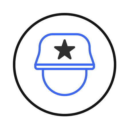 This minimalistic image showcases a blue military helmet, adorned with a black star, encapsulated within a circular frame. It symbolizes concepts of defense, service, and protection, representingのイラスト素材